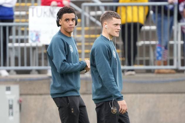 Jamal Musiala Germany Germany and Florian Wirtz Germany Germany come together in stadium Hartford 14 10 2023 USA vs Germany, Pratt Whitney Stadium Hartford, friendly match.