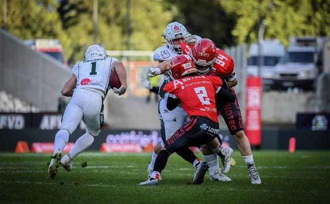 <p>Spieler der Potsdam Royals kämpfen gegen Spieler der Schwäbisch Hall Unicorns am Samstag, den 14. Oktober 2023. Endspiel um die Deutsche Meisterschaft im American Football im Stadion an der Hafenstraße. Es spielen die Potsdam Royals gegen Schwäbisch Hall Unicorns. Ein buntes Rahmenprogramm findet vor dem Spiel am Stadion. Deutschland NRW Essen Copyright: KerstinxKokoska