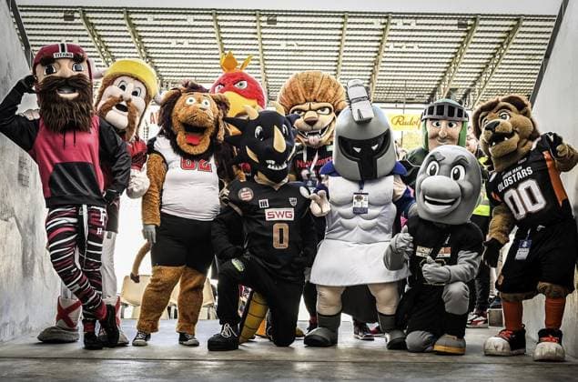 <p>Die Maskottchen am Samstag, den 14. Oktober 2023. Endspiel um die Deutsche Meisterschaft im American Football im Stadion an der Hafenstraße. Es spielen die Potsdam Royals gegen Schwäbisch Hall Unicorns. Ein buntes Rahmenprogramm findet vor dem Spiel am Stadion statt. Deutschland NRW Essen Copyright: KerstinxKokoska