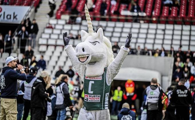 <p>Die Maskottchen im Stadion am Samstag, den 14. Oktober 2023. Endspiel um die Deutsche Meisterschaft im American Football im Stadion an der Hafenstraße. Es spielen die Potsdam Royals gegen Schwäbisch Hall Unicorns. Ein buntes Rahmenprogramm findet vor dem Spiel am Stadion statt. Deutschland NRW Essen Copyright: KerstinxKokoska