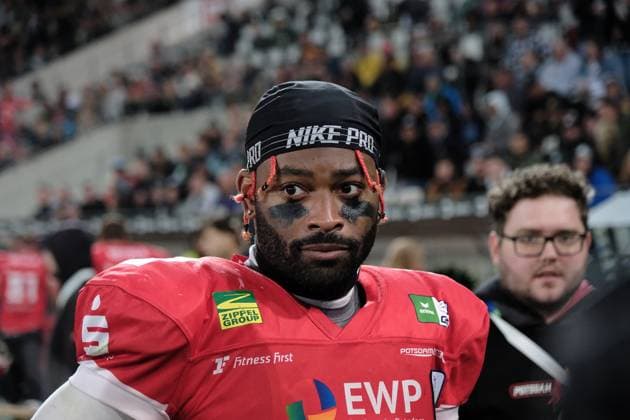 14 10 2023 Essen Stadion an der Hafenstrasse American Football ERIMA GFL Bowl 2023 Potsdam Royals vs Schwäbisch Hall Unicorns Big cheer the Potsdam Royals are German Champion 2023 here Jaylon Henderson