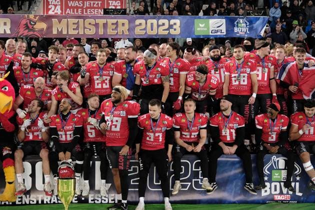 14 10 2023 Essen Stadion an der Hafenstrasse American Football ERIMA GFL Bowl 2023 Potsdam Royals vs. Schwäbisch Hall Unicorns Big cheer the Potsdam Royals are German Champion 2023
