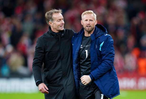 National coaches Kasper Hjulmand and Kasper Schmeichel after the European Championship qualification match between Denmark and Kazakhstan in the Park, Saturday 14 October 2023 Photo Liselotte Sabroe Ritzau Scanpix , Copenhagen Denmark  Copyright: Ritzau Scanpix LiselottexSabroex COP14369 spdk20231014-230121-L