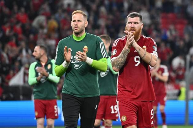 BUDAPEST, HUNGARY - OCTOBER 14: Peter Gulacsi and Adam Martin of Hungary celebrates after winning the UEFA EURO, EM, Europameisterschaft,Fussball 2024 European qualifier match between Hungary and Serbia at Puskas Arena on October 14, 2023 in Budapest, H Hungary v Serbia: Group G - UEFA EURO 2024 European Qualifiers Copyright: xSebastianxFrejx