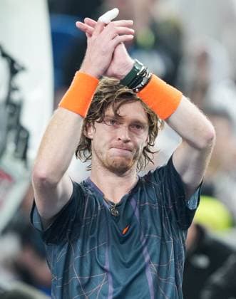(231015) -- SHANGHAI, Oct. 15, 2023 -- Andrey Rublevof Russia celebrates after the men s singles semifinal between Grigor Dimitrov of Bulgaria and Andrey Rublev of Russia at the ATP, Tennis Herren World Tour Shanghai Masters tennis tournament at Qizhong Forest Sports City Arena in Shanghai, east China, Oct. 14, 2023. ) (SP)CHINA-SHANGHAI-TENNIS-ATP TOUR-SHANGHAI MASTERS(CN) DingxTing 