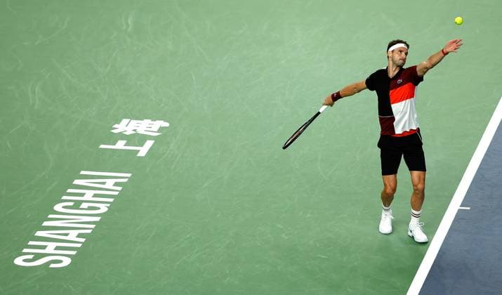 (231015) -- SHANGHAI, Oct. 15, 2023 -- Grigor Dimitrov of Bulgaria serves during the men s singles semifinal between Grigor Dimitrov of Bulgaria and Andrey Rublev of Russia at the ATP, Tennis Herren World Tour Shanghai Masters tennis tournament at Qizhong Forest Sports City Arena in Shanghai, east China, Oct. 14, 2023. ) (SP)CHINA-SHANGHAI-TENNIS-ATP TOUR-SHANGHAI MASTERS(CN) WangxLili 