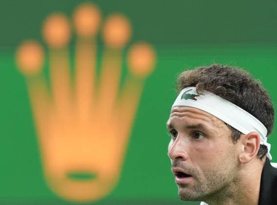 (231015) -- SHANGHAI, Oct. 15, 2023 -- Grigor Dimitrov of Bulgaria competes during the men s singles semifinal between Grigor Dimitrov of Bulgaria and Andrey Rublev of Russia at the ATP, Tennis Herren World Tour Shanghai Masters tennis tournament at Qizhong Forest Sports City Arena in Shanghai, east China, Oct. 14, 2023. ) (SP)CHINA-SHANGHAI-TENNIS-ATP TOUR-SHANGHAI MASTERS(CN) DingxTing 