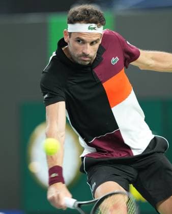 (231015) -- SHANGHAI, Oct. 15, 2023 -- Grigor Dimitrov of Bulgaria competes during the men s singles semifinal between Grigor Dimitrov of Bulgaria and Andrey Rublev of Russia at the ATP, Tennis Herren World Tour Shanghai Masters tennis tournament at Qizhong Forest Sports City Arena in Shanghai, east China, Oct. 14, 2023. ) (SP)CHINA-SHANGHAI-TENNIS-ATP TOUR-SHANGHAI MASTERS(CN) DingxTing 