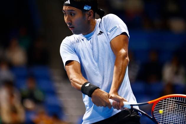 October 15, 2023, Tokyo, Japan: Yasutaka UCHIYAMA (JPN) hits a return against Marcos GIRON (USA) during the qualifying final match for the Kinoshita Group Japan Open Tennis Championships 2023 at the Ariake Coliseum. This is the longest-running ATP, Tennis Herren Tour tournament in Asia, first held in 1972. The tournament runs from October 16 to 22. Giron won 6-3, 6-2. Tokyo Japan - ZUMAm191 20231015_aap_m191_033 Copyright: xRodrigoxReyesxMarinx