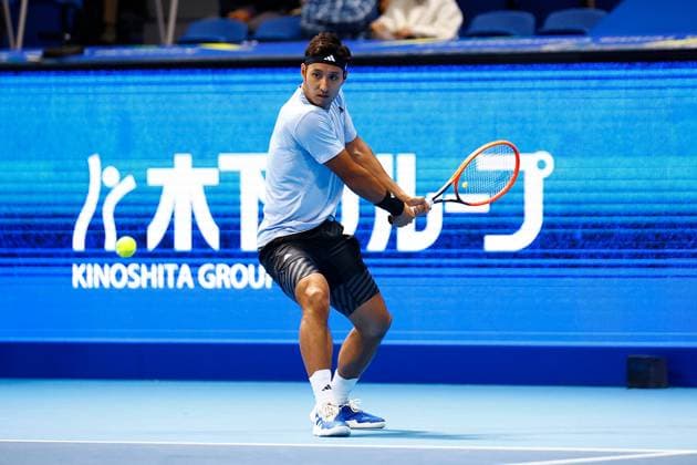 October 15, 2023, Tokyo, Japan: Yasutaka UCHIYAMA (JPN) hits a return against Marcos GIRON (USA) during the qualifying final match for the Kinoshita Group Japan Open Tennis Championships 2023 at the Ariake Coliseum. This is the longest-running ATP, Tennis Herren Tour tournament in Asia, first held in 1972. The tournament runs from October 16 to 22. Giron won 6-3, 6-2. Tokyo Japan - ZUMAm191 20231015_aap_m191_035 Copyright: xRodrigoxReyesxMarinx