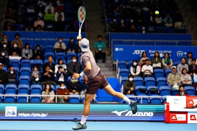 October 15, 2023, Tokyo, Japan: Marcos GIRON (USA) in action against Yasutaka UCHIYAMA (JPN) during the qualifying final match for the Kinoshita Group Japan Open Tennis Championships 2023 at the Ariake Coliseum. This is the longest-running ATP, Tennis Herren Tour tournament in Asia, first held in 1972. The tournament runs from October 16 to 22. Giron won 6-3, 6-2. Tokyo Japan - ZUMAm191 20231015_aap_m191_050 Copyright: xRodrigoxReyesxMarinx