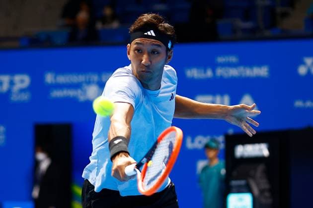 October 15, 2023, Tokyo, Japan: Yasutaka UCHIYAMA (JPN) hits a return against Marcos GIRON (USA) during the qualifying final match for the Kinoshita Group Japan Open Tennis Championships 2023 at the Ariake Coliseum. This is the longest-running ATP, Tennis Herren Tour tournament in Asia, first held in 1972. The tournament runs from October 16 to 22. Giron won 6-3, 6-2. Tokyo Japan - ZUMAm191 20231015_aap_m191_052 Copyright: xRodrigoxReyesxMarinx
