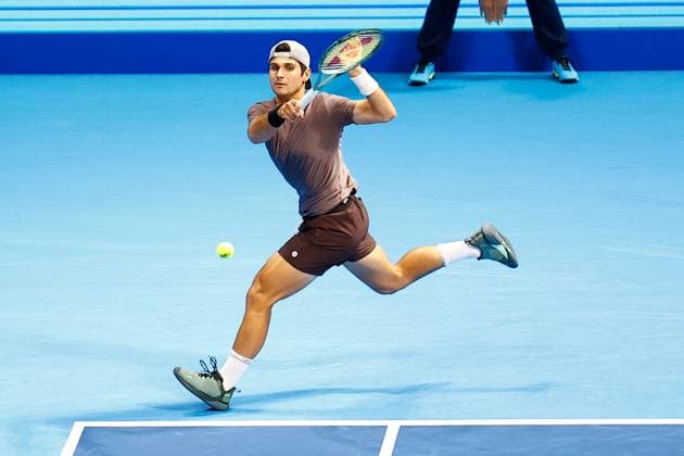 October 15, 2023, Tokyo, Japan: Marcos GIRON (USA) hits a return against Yasutaka UCHIYAMA (JPN) during the qualifying final match for the Kinoshita Group Japan Open Tennis Championships 2023 at the Ariake Coliseum. This is the longest-running ATP, Tennis Herren Tour tournament in Asia, first held in 1972. The tournament runs from October 16 to 22. Giron won 6-3, 6-2. Tokyo Japan - ZUMAm191 20231015_aap_m191_053 Copyright: xRodrigoxReyesxMarinx