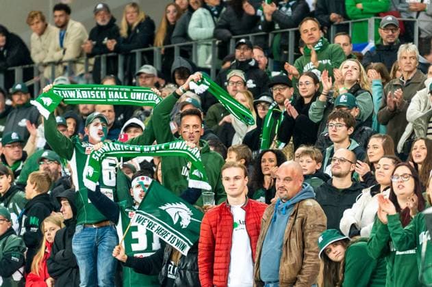 Unicorns fans celebrate their team GER, Potsdam Royals vs Schwaebisch Hall Unicorns, GFL, season 2023, GFL Bowl, finals, 14 10 2023, GER, Potsdam Royals vs Schwaebisch Hall Unicorns, GFL, season 2023, GFL Bowl, finals, 14 10 2023 Essen, Germany Copyright: xEibner-Pressefoto FlorianxWolfx EP_FWF