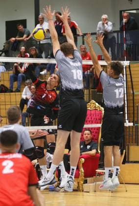 BAU 14 10 2023 Ludwigsburg Volleyball Barock Volleys MTV Ludwigsburg vs TV Bühl, f l Pascal Walter MTV , Elias Walther, Philipp Oster Bühl