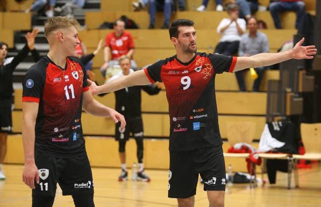 BAU 14 10 2023 Ludwigsburg Volleyball Barock Volleys MTV Ludwigsburg vs TV Bühl, f l Raphael Noz and Niklas Henseling MTV