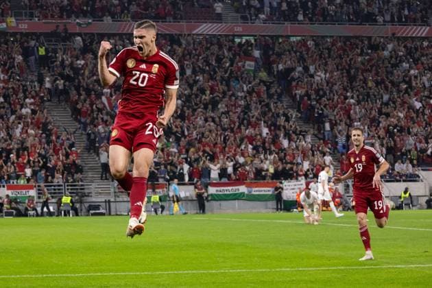 (231015) -- BUDAPEST, Oct. 15, 2023 -- Roland Sallai (L) of Hungary celebrates after scoring during the UEFA EURO, EM, Europameisterschaft,Fussball 2024 Group G qualification match between Hungary and Serbia in Budapest, Hungary on Oct. 14, 2023. (Photo by Xinhua) (SP)HUNGARY-BUDAPEST-FOOTBALL-UEFA EURO 2024 QUALIFIERS-HUNGARY VS SERBIA AttilaxVolgyi 