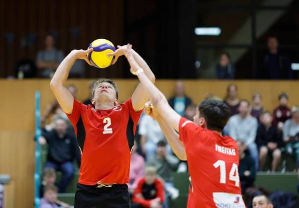 Germany Kriftel 14 10 2023 Volleyball Hesse 2 Bundesliga South Men Season 2023 2024 TuS Kriftel red GSVE Delitzsch black v l Tobias Thiel Kriftel No 2 , David Freitag Kriftel No 14 Sports TuS Kriftel GSVE Delitzsch