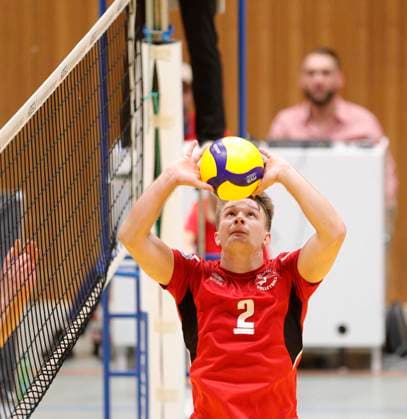Germany Kriftel 14 10 2023 Volleyball Hesse 2 Bundesliga South Men Season 2023 2024 TuS Kriftel red GSVE Delitzsch black v l Tobias Thiel Kriftel No 2 Sport TuS Kriftel GSVE Delitzsch