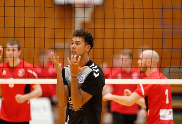 Germany Kriftel 14 10 2023 Volleyball Hesse 2 Bundesliga South Men Season 2023 2024 TuS Kriftel red GSVE Delitzsch black v l Nickolas Wiesbeck Delitzsch No 11 Sports TuS Kriftel GSVE Delitzsch