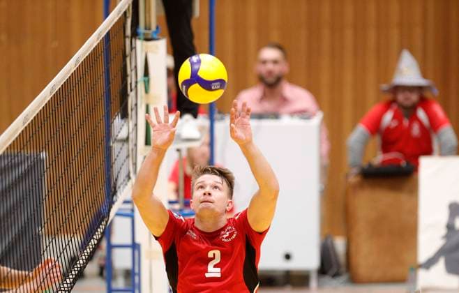 Germany Kriftel 14 10 2023 Volleyball Hesse 2 Bundesliga South Men Season 2023 2024 TuS Kriftel red GSVE Delitzsch black v l Tobias Thiel Kriftel No 2 Sport TuS Kriftel GSVE Delitzsch