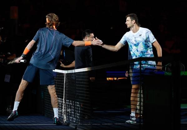 (231015) -- SHANGHAI, Oct. 15, 2023 -- Andrey Rublev of Russia greets Hubert Hurkacz (R) of Poland before the men s singles final between Andrey Rublev of Russia and Hubert Hurkacz of Poland at the ATP, Tennis Herren World Tour Shanghai Masters tennis tournament at Qizhong Forest Sports City Arena in Shanghai, east China, Oct. 15, 2023. ) (SP)CHINA-SHANGHAI-TENNIS-ATP TOUR-SHANGHAI MASTERS(CN) WangxLili 