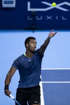 French Giovanni Mpetshi Perricard serves during a qualifications match for the European Open Tennis ATP, Tennis Herren tournament, in Antwerp, Sunday 15 October 2023. KRISTOFxVANxACCOM  x77769961x