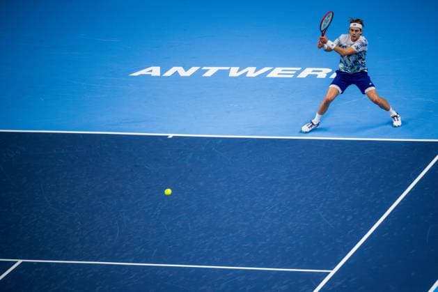 Belgian Zizou Bergs pictured in action during a qualifications match for the European Open Tennis ATP, Tennis Herren tournament, in Antwerp, Sunday 15 October 2023. JASPERxJACOBS  x77773593x