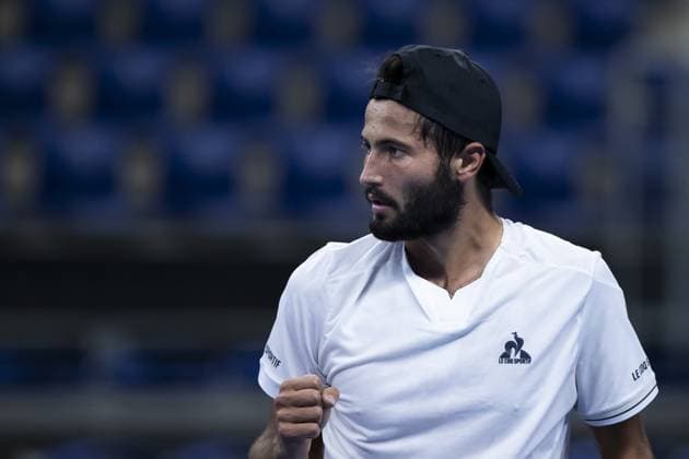 French Titouan Droguet reacts during a qualifications match for the European Open Tennis ATP, Tennis Herren tournament, in Antwerp, Sunday 15 October 2023. KRISTOFxVANxACCOM  x77774616x