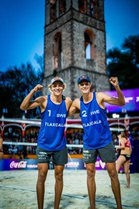 231015 In this handout image from Volleyball World, Swedens Jonatan Hellvig and David Ahman are seen during the semifinal match against Polands Bartosz Losiak and Michal Bryl in the Beach Volleyball World Championships on October 15, 2023 in Tlaxcala, Mexico.  Copyright: VOLLEYBALLxWORLD BB231015BB346