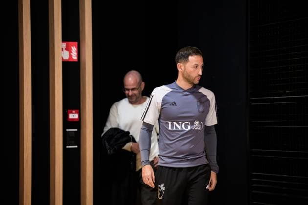 231015 Head coach Domenico Tedesco of the Belgian national football team during a press conference on October 15, 2023 in Tubize Photo Joel Marklund BILDBYRAN kod JM JM0533 bbeng fotboll football soccer fotball em kval uefa euro qualifier em kvalifisering presskonferens press conference belgium Belgien  Copyright: JOELxMARKLUND BB231015JM005
