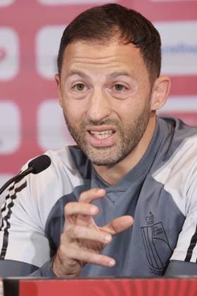 Belgium s head coach Domenico Tedesco pictured during a press conference, PK, Pressekonferenz of the Belgian national soccer team Red Devils, at the Royal Belgian Football Association s training center, in Tubize, Sunday 15 October 2023. The Red Devils are playing against Sweden on Monday, match 7 8 in Group F of the Euro 2024 qualifications. BRUNOxFAHY  x77775804x