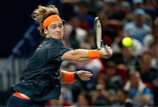(231015) -- SHANGHAI, Oct. 15, 2023 -- Andrey Rublev returns the ball during the men s singles final between Andrey Rublev of Russia and Hubert Hurkacz of Poland at the ATP, Tennis Herren World Tour Shanghai Masters tennis tournament at Qizhong Forest Sports City Arena in Shanghai, east China, Oct. 15, 2023. ) (SP)CHINA-SHANGHAI-TENNIS-ATP TOUR-SHANGHAI MASTERS(CN) WangxLili 