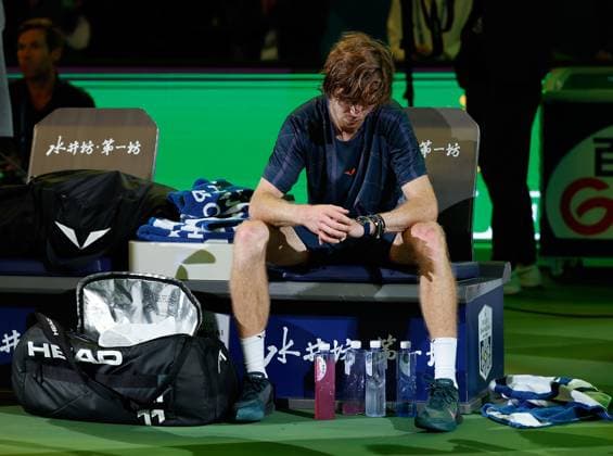 (231015) -- SHANGHAI, Oct. 15, 2023 -- Andrey Rublev of Russia reacts after the men s singles final between Andrey Rublev of Russia and Hubert Hurkacz of Poland at the ATP, Tennis Herren World Tour Shanghai Masters tennis tournament at Qizhong Forest Sports City Arena in Shanghai, east China, Oct. 15, 2023. ) (SP)CHINA-SHANGHAI-TENNIS-ATP TOUR-SHANGHAI MASTERS(CN) WangxLili 