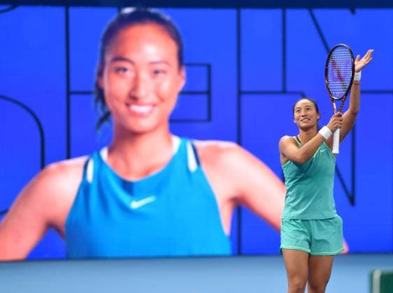 (231015) -- ZHENGZHOU, Oct. 15, 2023 -- Zheng Qinwen celebrates after winning the final match between Zheng Qinwen of China and Barbora Krejcikova of the Czech Republic at the WTA, Tennis Damen World Tour Zhengzhou Open tennis tournament in Zhengzhou, central China s Henan Province, Oct. 15, 2023. ) (SP)CHINA-ZHENGZHOU-TENNIS-WTA TOUR-ZHENGZHOU OPEN(CN) LixJianan 