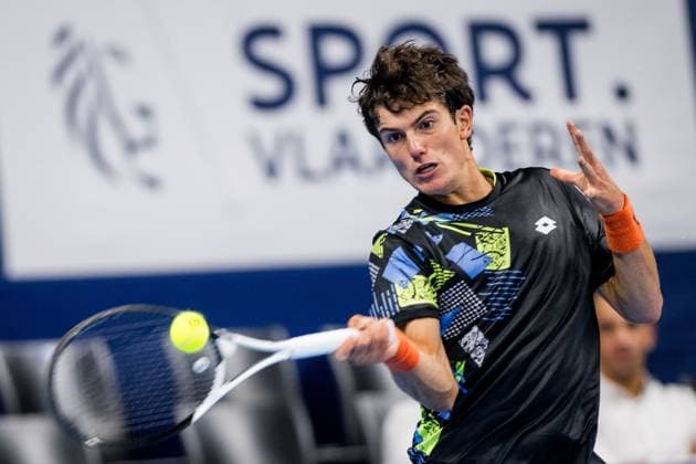 Belgian Gilles-Arnaud Bailly pictured in action during a qualifications match for the European Open Tennis ATP, Tennis Herren tournament, in Antwerp, Sunday 15 October 2023. JASPERxJACOBS  x77792218x