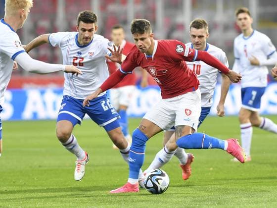 L-R Jakup Andreasen (FRO) and Adam Hlozek (CZE) in action during the Group E match of the 2024 European Football Championship qualifiers: Czech Republic - Faroe Islands, Pilsen, Czech Republic, on October 15, 2023. (CTKxPhoto MiroslavxChaloupka) CTKPhotoP2023101505129  CTKPhotoP2023101505129