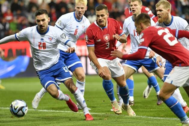 L-R Rene Joensen (FRO) and Tomas Holes (CZE) in action during the Group E match of the 2024 European Football Championship qualifiers: Czech Republic - Faroe Islands, Pilsen, Czech Republic, on October 15, 2023. (CTKxPhoto MiroslavxChaloupka) CTKPhotoP2023101505175  CTKPhotoP2023101505175