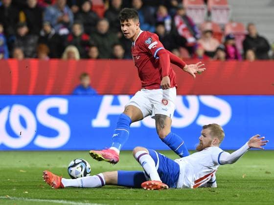 L-R Adam Hlozek (CZE) and Odmar Faero (FRO) in action during the Group E match of the 2024 European Football Championship qualifiers: Czech Republic - Faroe Islands, Pilsen, Czech Republic, on October 15, 2023. (CTKxPhoto MiroslavxChaloupka) CTKPhotoP2023101505308  CTKPhotoP2023101505308