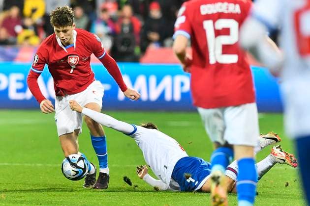 L-R Ladislav Krejci (CZE) and Joannes Bjartalid (FRO) in action during the Group E match of the 2024 European Football Championship qualifiers: Czech Republic - Faroe Islands, Pilsen, Czech Republic, on October 15, 2023. (CTKxPhoto MiroslavxChaloupka) CTKPhotoP2023101505648  CTKPhotoP2023101505648
