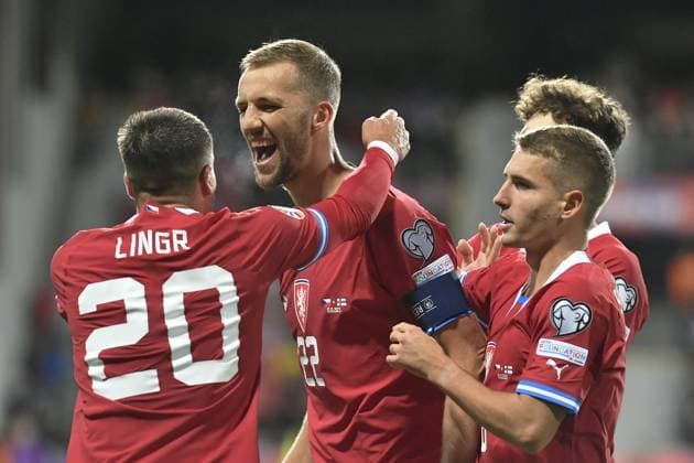 Tomas Soucek (CZE), centre, celebrates a goal from the penalty spot during the Group E match of the 2024 European Football Championship qualifiers: Czech Republic - Faroe Islands, Pilsen, Czech Republic, on October 15, 2023. (CTKxPhoto MiroslavxChaloupka) CTKPhotoP2023101505979  CTKPhotoP2023101505979
