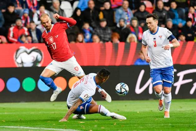 L-R Vaclav Cerny (CZE) and Sonni Nattestad and Viljormur Davidsen (FRO) in action during the Group E match of the 2024 European Football Championship qualifiers: Czech Republic - Faroe Islands, Pilsen, Czech Republic, on October 15, 2023. (CTKxPhoto MiroslavxChaloupka) CTKPhotoP2023101506037  CTKPhotoP2023101506037