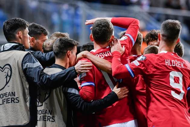 Czech players celebrate victory in the Group E match of the 2024 European Football Championship qualifiers: Czech Republic - Faroe Islands, Pilsen, Czech Republic, on October 15, 2023. (CTKxPhoto MiroslavxChaloupka) CTKPhotoP2023101506443  CTKPhotoP2023101506443