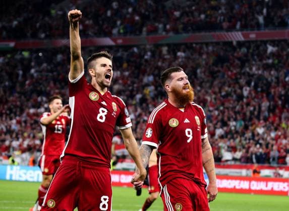 14.10.2023 Budapest Hungary-Serbia European qualifiers men s football Hungarian players celebrate victory Adam Nagy,Nagy Martin :Str