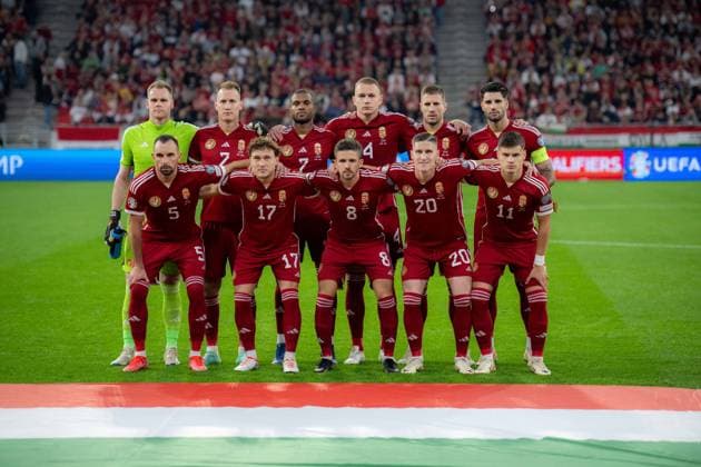 BUDAPEST, HUNGARY - OCTOBER 14: group team photo of Hungary (L-R) Denes Dibusz, Adam Lang, Loic Nego, Attila Szalai, Barnabas Varga, Dominik Szoboszlai, Attila Fiola, Callum Styles, Roland Sallai, Milos Kerkez during the UEFA EURO, EM, Europameisterschaft,Fussball 2024 European qualifier match between Hungary and Serbia at Puskas Arena on October 14, 2023 in Budapest, Hungary. Photo by Sebastian Frej Hungary v Serbia: Group G - UEFA EURO 2024 European Qualifiers Copyright: xSebastianxFrejx