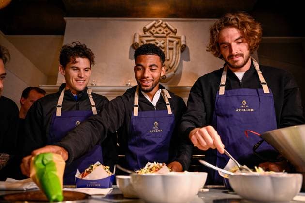 Bilder des Jahres 2023, Sport 10 Oktober Sport Themen der Woche KW42 Sport Bilder des Tages Austrian Dominic Thiem, French Arthur Fils and Greek Stefanos Tsitsipas pictured during the media day of the European Open Tennis ATP, Tennis Herren tournament, at the Frites Atelier of Sergio Herman , in Antwerp, Monday 16 October 2023. LAURIExDIEFFEMBACQ  x77839119x