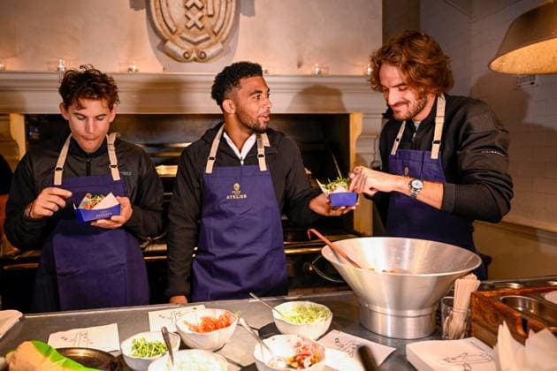 Austrian Dominic Thiem, French Arthur Fils and Greek Stefanos Tsitsipas pictured during the media day of the European Open Tennis ATP, Tennis Herren tournament, at the Frites Atelier of Sergio Herman , in Antwerp, Monday 16 October 2023. LAURIExDIEFFEMBACQ  x77839156x