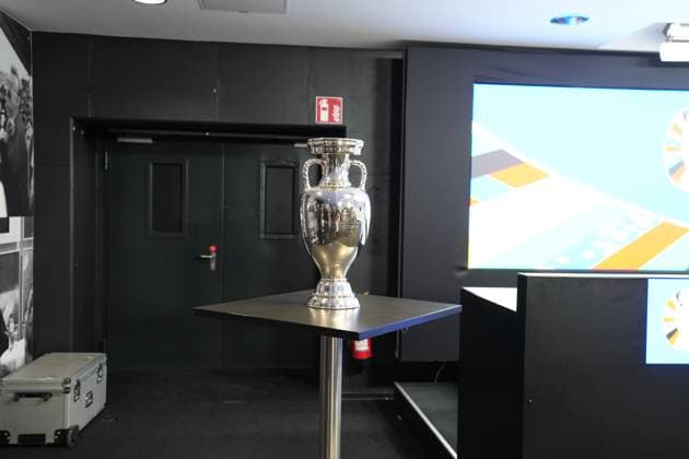Henri Delaunay Cup in the press conference room of Deutsche Bank Park 16 10 2023 EURO 2024 Partnership DFB VDV