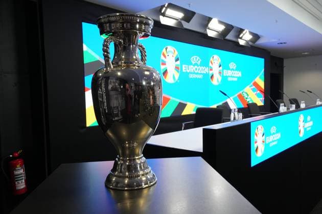 Henri Delaunay Cup in the press conference room of Deutsche Bank Park 16 10 2023 EURO 2024 Partnership DFB VDV