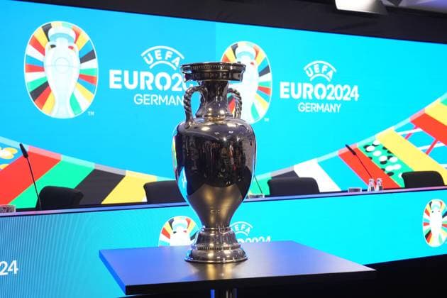 Henri Delaunay Cup in the press conference room of Deutsche Bank Park 16 10 2023 EURO 2024 Partnership DFB VDV